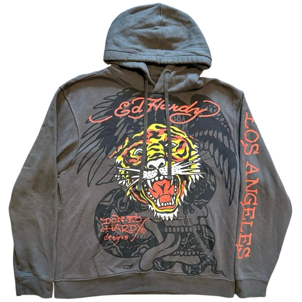 VTG Ed Hardy Los Angeles Hoodie Mens Medium Faded Black Tiger Snake Skull Y2K